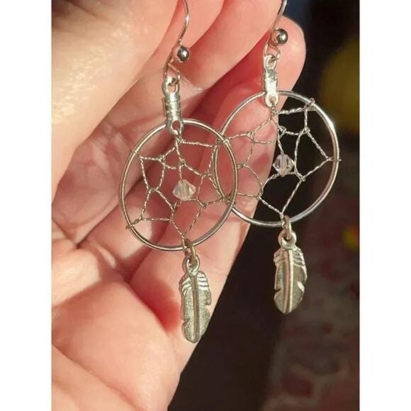 Southwestern Silver Dreamcatcher Statement Earrings – Boho Sterling-Tone Feather - Picture 2 of 10